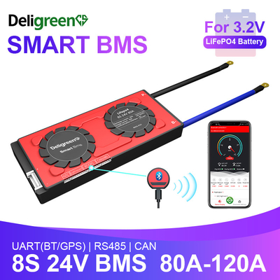 Deligreen Smart Bms Lifepo4 Batería 8S 24v 80-120A con UART BT 485 CAN Función para almacenamiento al aire libre de RV